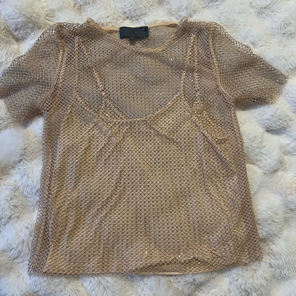 Sunday in Brooklyn Tan Mesh Short Sleeve Top